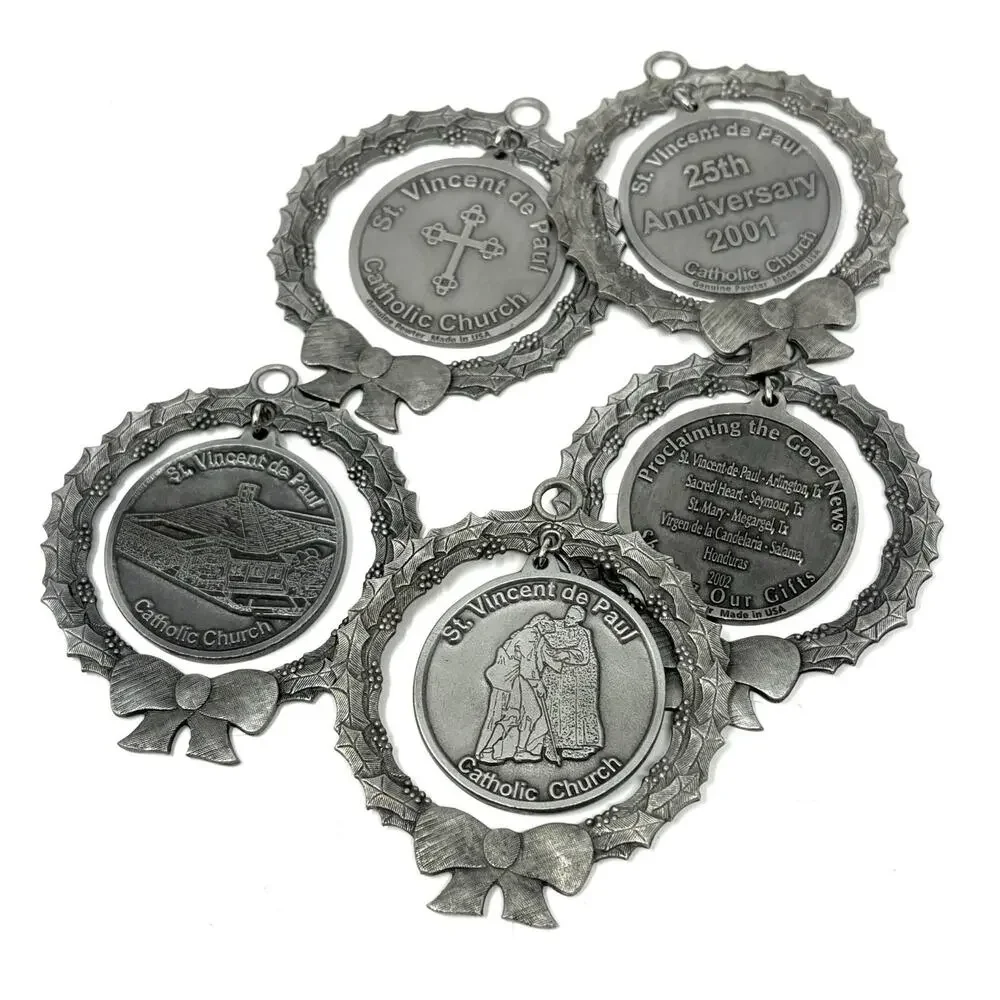 VTG Lot St. Vincent de Paul Catholic Church Pewter 5 Christmas Ornaments 2.5